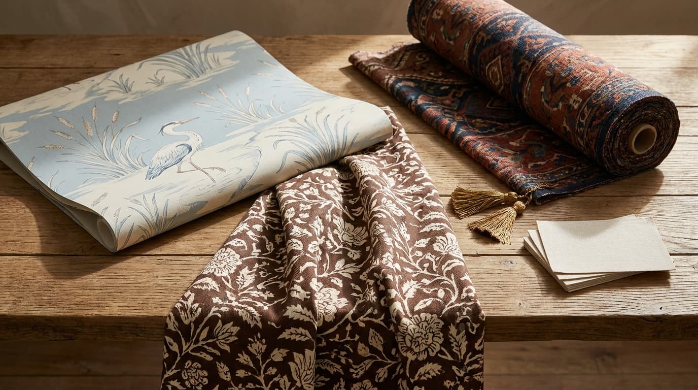 Material board: A designer's fabric board: mural wallcovering, hand-block print, saturated upholstery, brass trim.