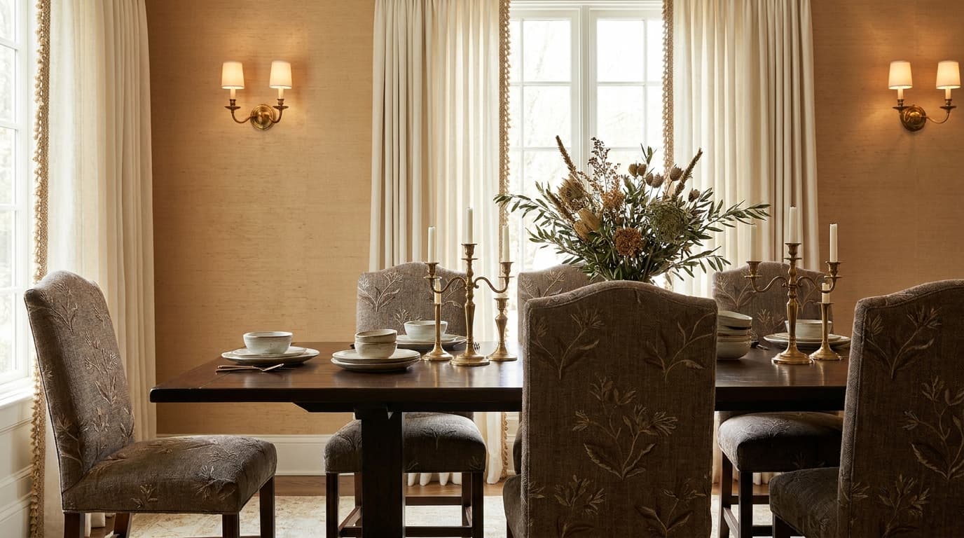 Room setting: Embroidered dining chairs, grasscloth walls, brass sconces, fringed drapery.