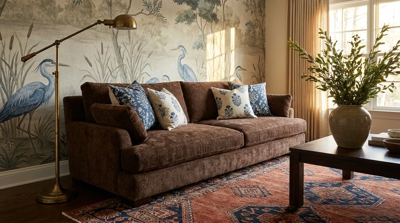 Room setting: Chocolate chenille sofa, heron mural, botanical pillows. A full styled room built entirely in AI.