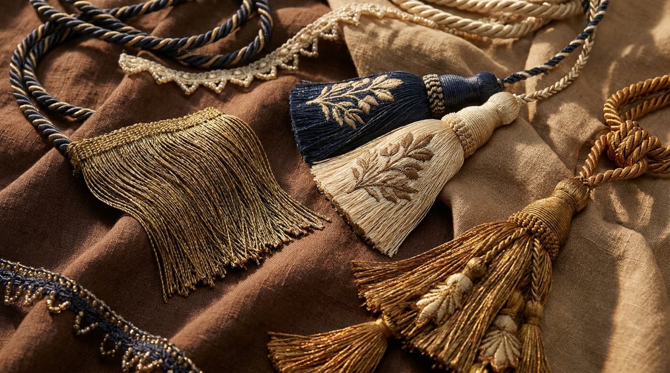 Trim vignette: Passementerie up close: bullion fringe, tassels and beaded cord, every thread in focus.