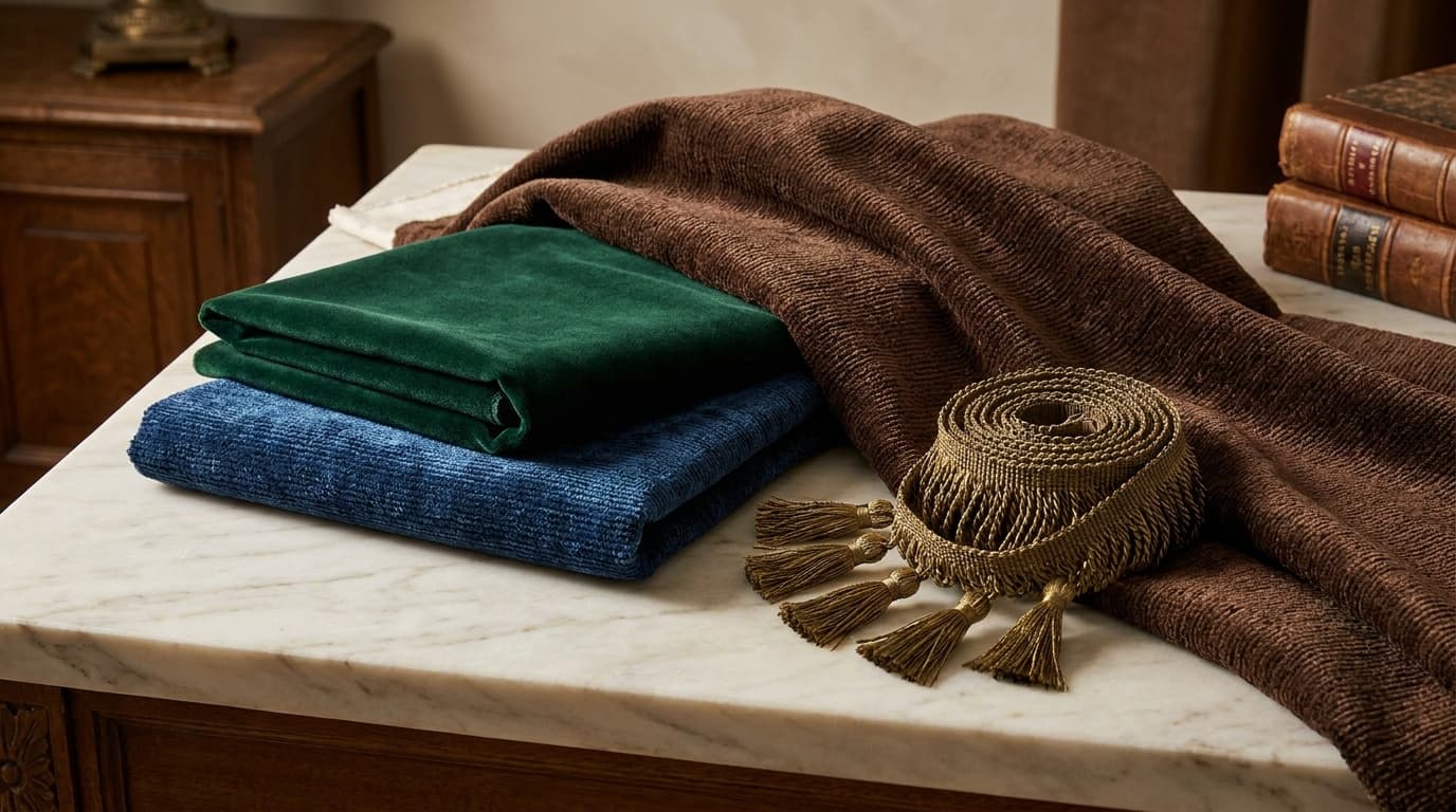 Fabric vignette: Velvet and chenille in jewel tones, rendered to show the pile, the sheen and the drape.
